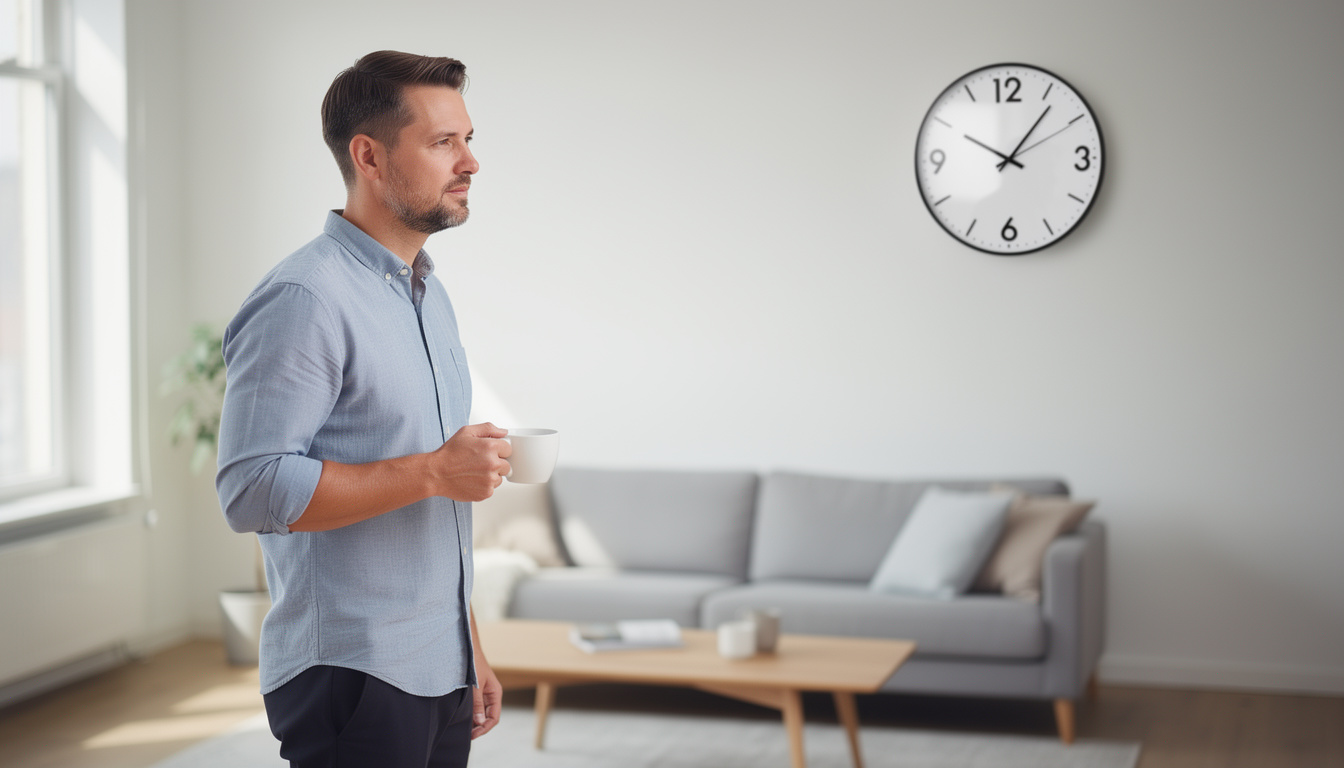 Man noticing mirror hour 12:12 on wall clock during moment of symbolic awareness in daily routine