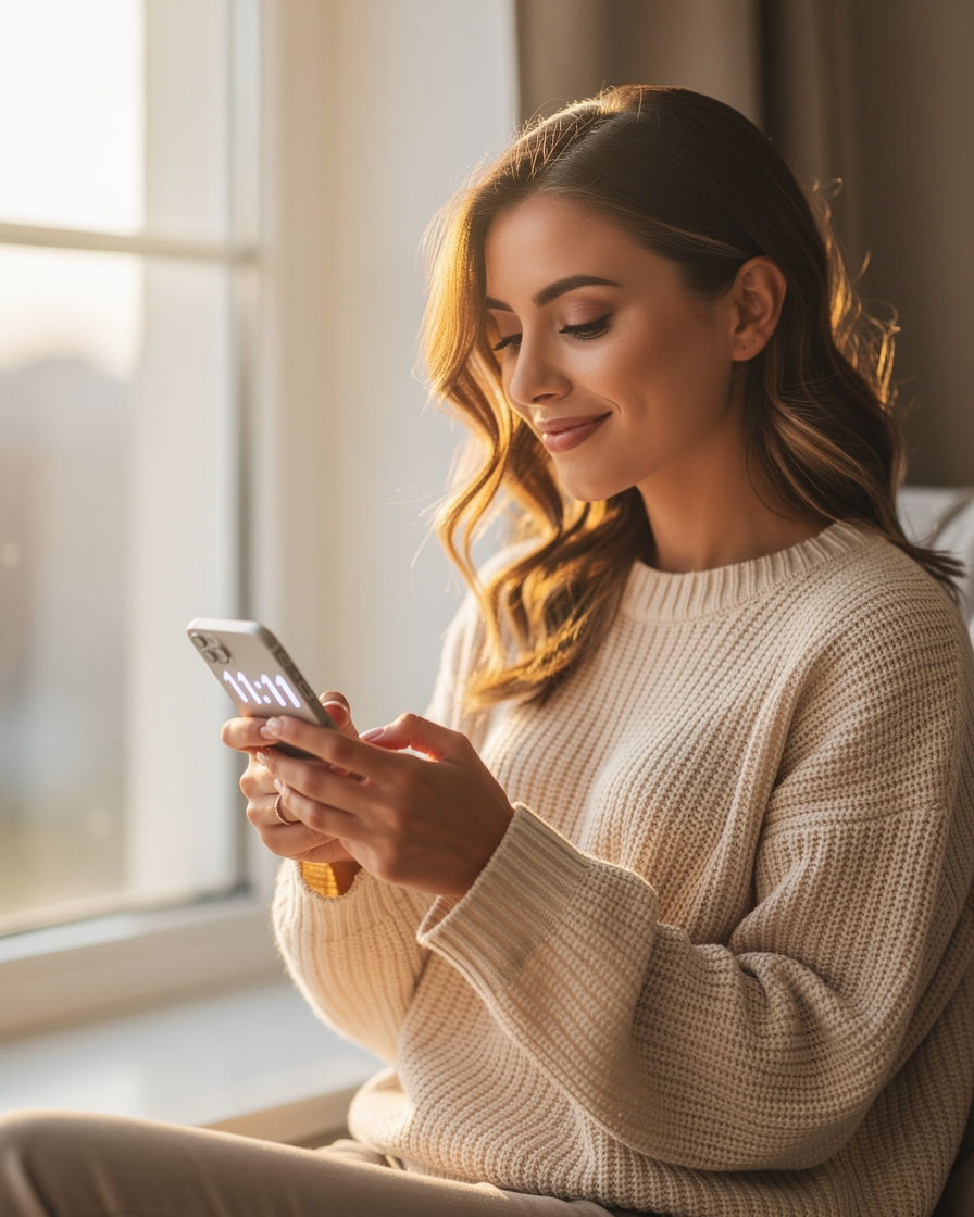 Woman experiencing moment of awareness seeing repeated numbers 11:11 on phone during spiritual awakening